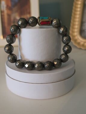 Faceted Pyrite Bead Bracelet with Turquoise & Coral Accent